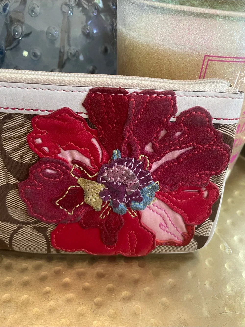 Coach Poppy Signature Floral Canvas and Leather Wristlet Floral Applique Rare